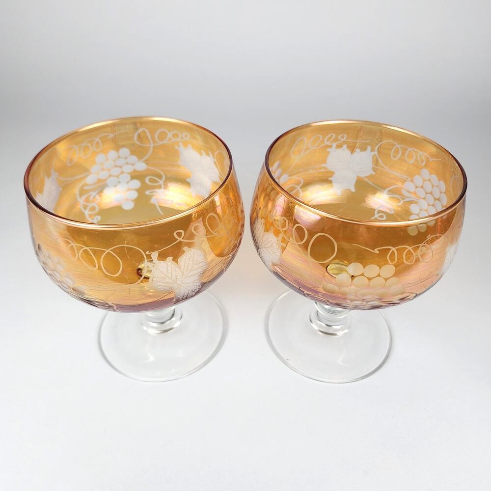 Bohemian Grapevine Wine Brandy Glasses Amber Flashed Pair Set of 2 Vintage